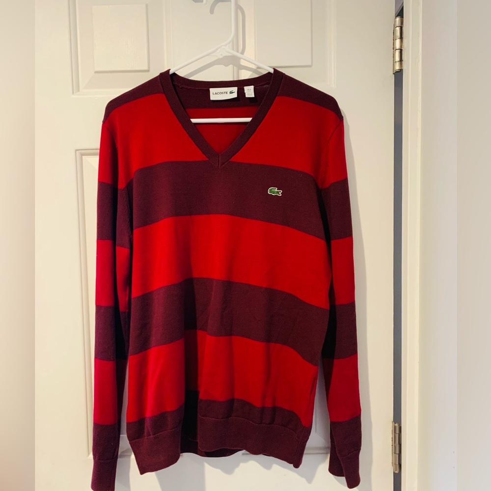 Lacoste Men's V-Neck Wool Striped Sweater